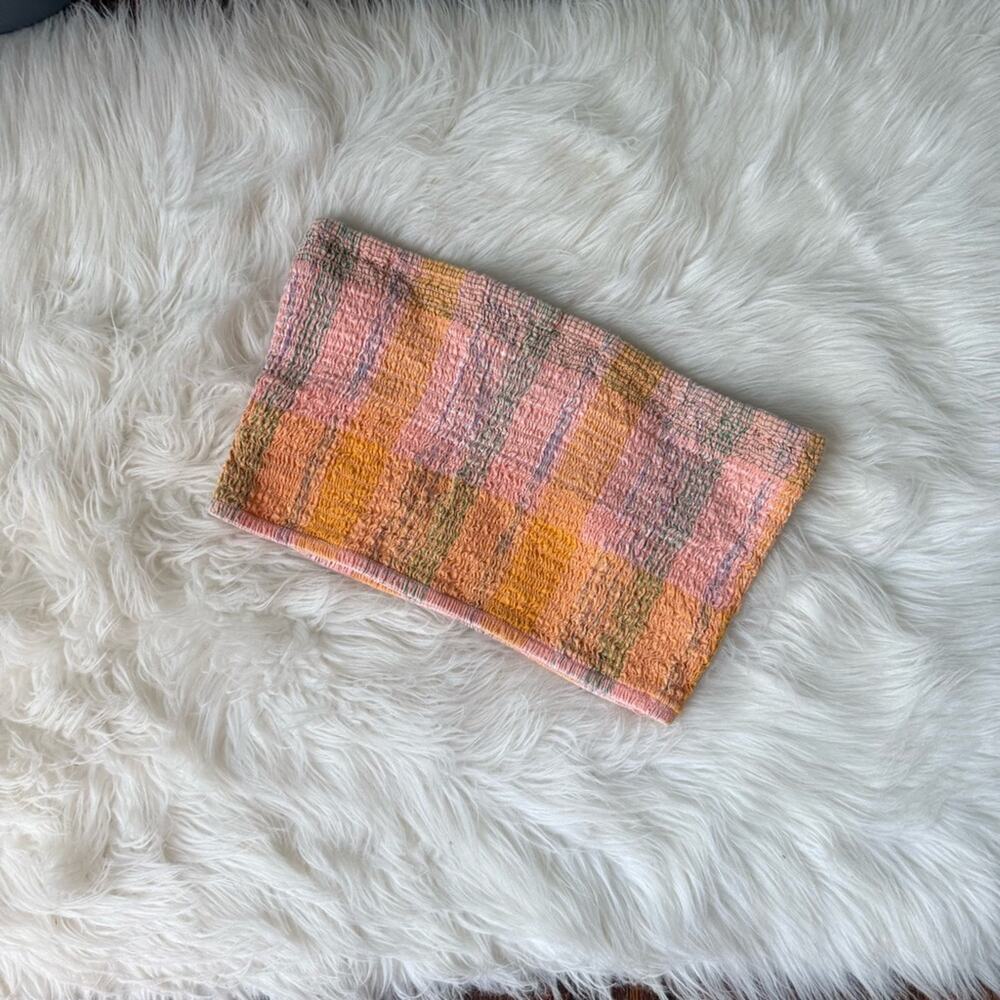 Smocked Bandeau Top Peach & Orange Plaid
